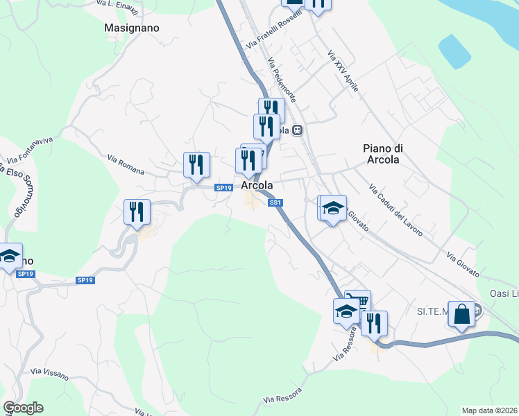 map of restaurants, bars, coffee shops, grocery stores, and more near 33 Via Valle in Arcola