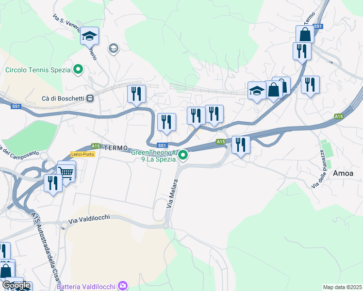 map of restaurants, bars, coffee shops, grocery stores, and more near 702 Via Sarzana in La Spezia