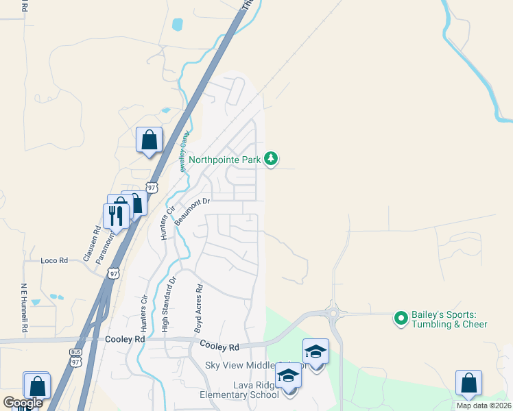 map of restaurants, bars, coffee shops, grocery stores, and more near 20821 Beaumont Drive in Bend