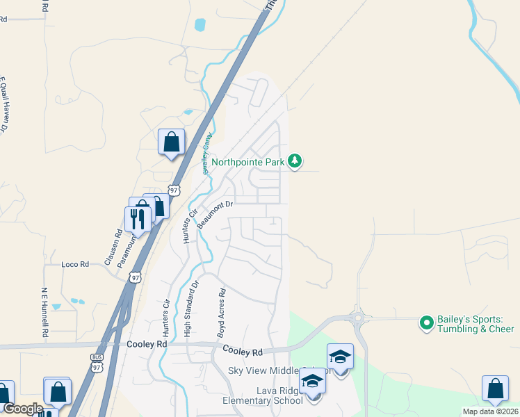 map of restaurants, bars, coffee shops, grocery stores, and more near 20779 Beaumont Drive in Bend