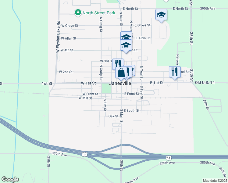 map of restaurants, bars, coffee shops, grocery stores, and more near 102 North Main Street in Janesville