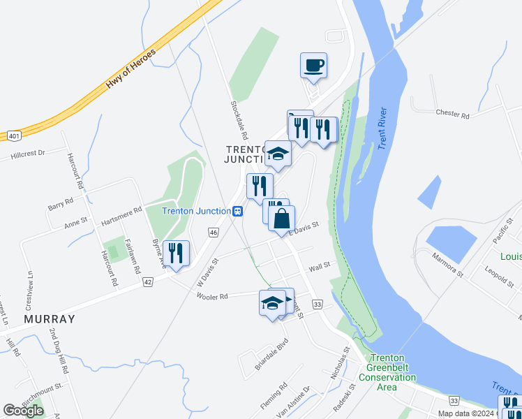 map of restaurants, bars, coffee shops, grocery stores, and more near 10 Trenton Street in Quinte West