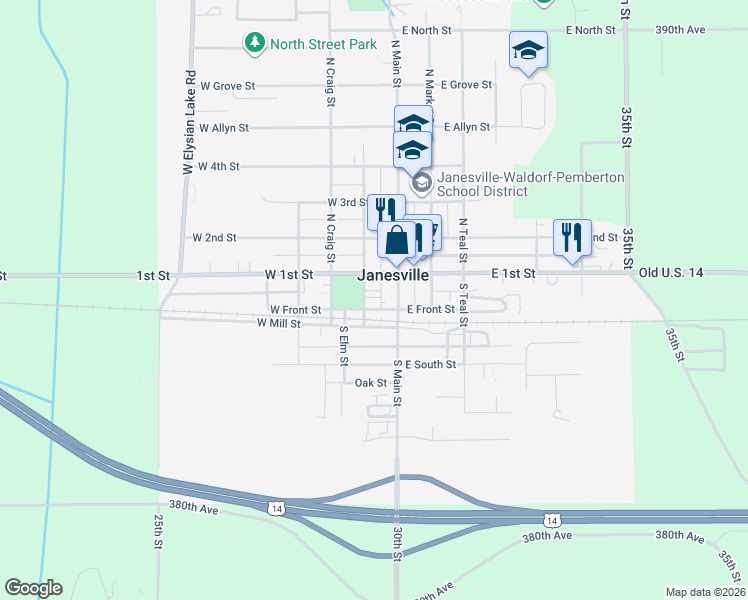 map of restaurants, bars, coffee shops, grocery stores, and more near 102 North Main Street in Janesville