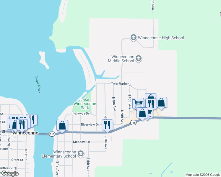 map of restaurants, bars, coffee shops, grocery stores, and more near 223 North 8th Avenue in Winneconne