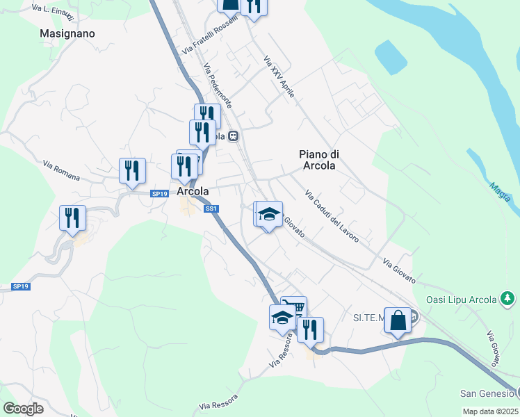 map of restaurants, bars, coffee shops, grocery stores, and more near 74 Via Porcareda in Arcola