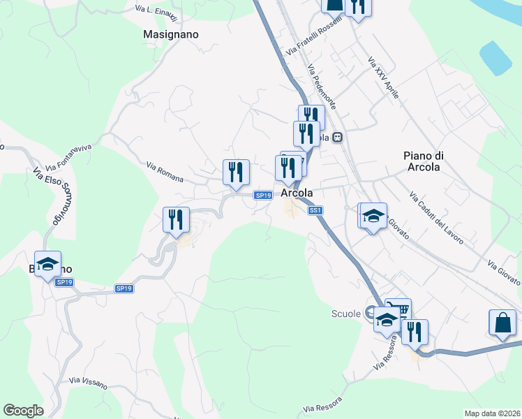 map of restaurants, bars, coffee shops, grocery stores, and more near 28 Via Valentini I° Traversa in Arcola
