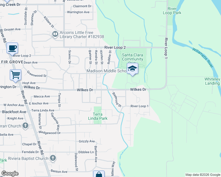 map of restaurants, bars, coffee shops, grocery stores, and more near 3595 Kendra Street in Eugene