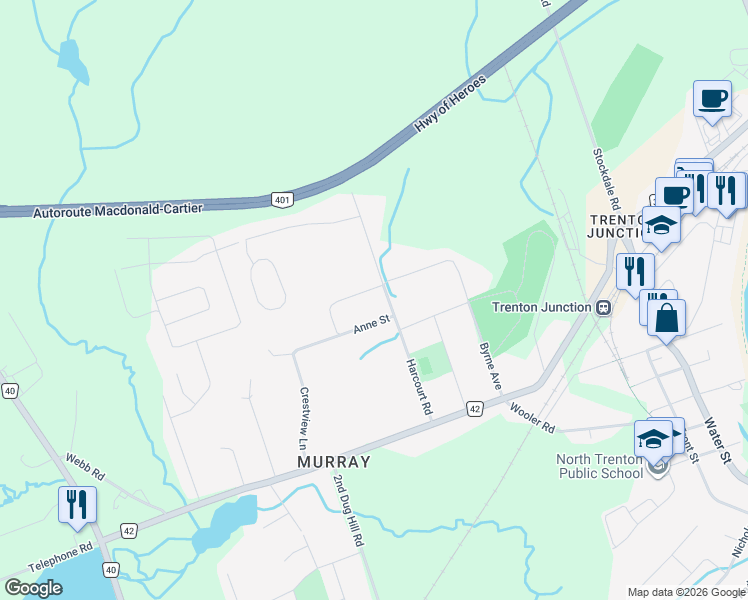 map of restaurants, bars, coffee shops, grocery stores, and more near 32 Anne Street in Quinte West