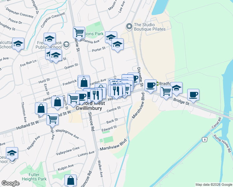 map of restaurants, bars, coffee shops, grocery stores, and more near 107 Holland Street East in Bradford West Gwillimbury