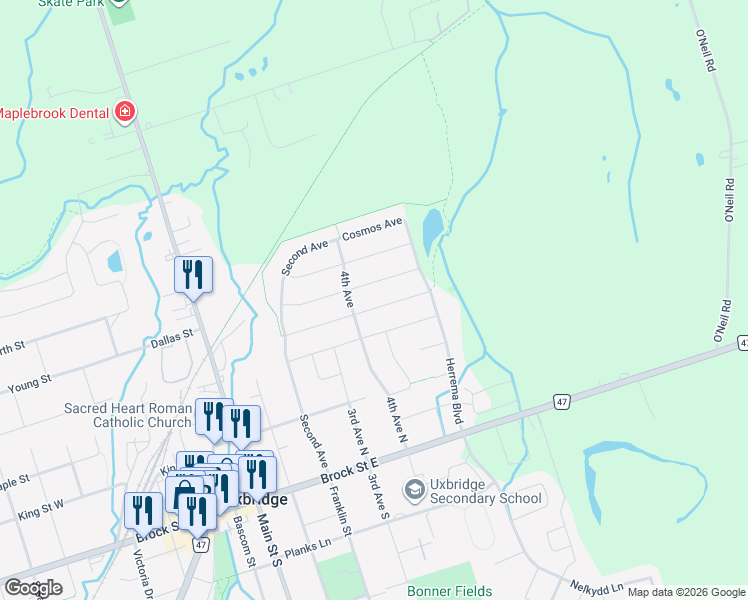 map of restaurants, bars, coffee shops, grocery stores, and more near 46 Rosena Lane in Uxbridge