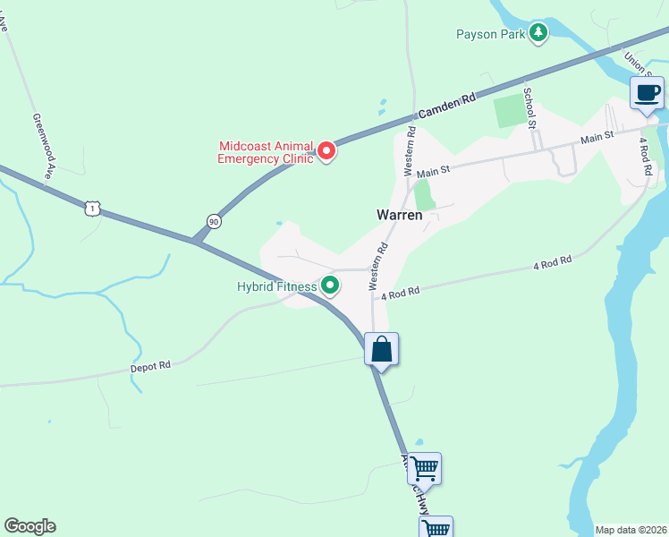 map of restaurants, bars, coffee shops, grocery stores, and more near 1767 Atlantic Highway in Warren