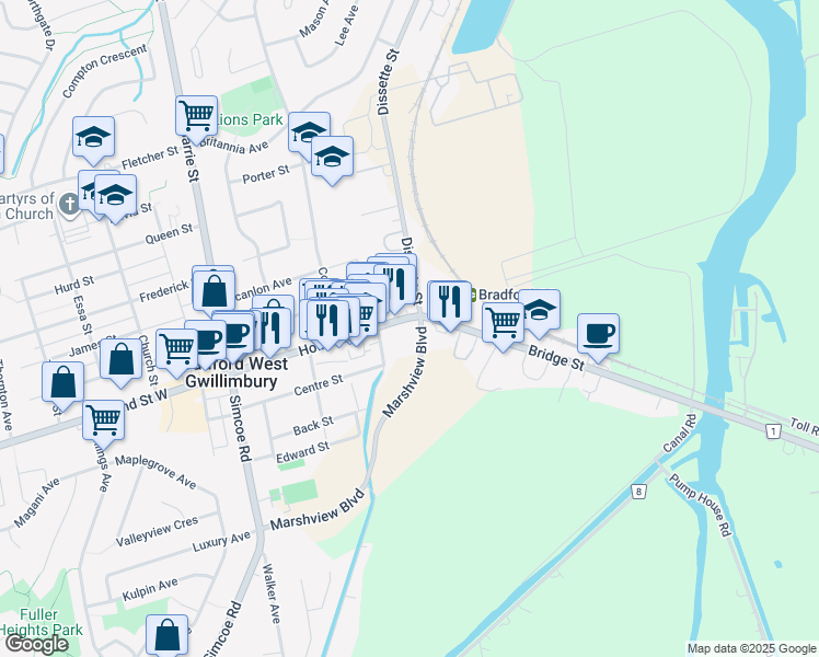 map of restaurants, bars, coffee shops, grocery stores, and more near 19 Anne Street in Bradford West Gwillimbury