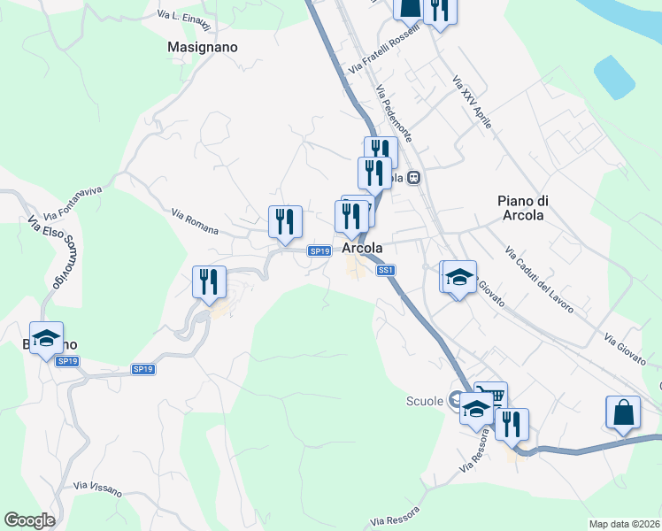 map of restaurants, bars, coffee shops, grocery stores, and more near 28 Via Valentini I° Traversa in Arcola