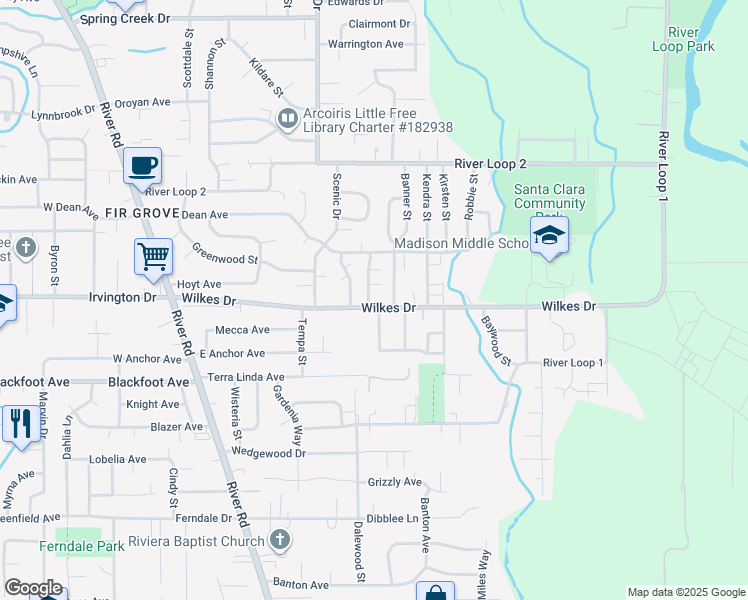 map of restaurants, bars, coffee shops, grocery stores, and more near 3571 Banner Street in Eugene