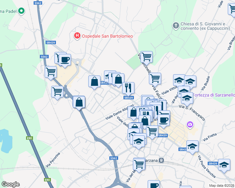 map of restaurants, bars, coffee shops, grocery stores, and more near 15 Via Socrate Benacci in Sarzana