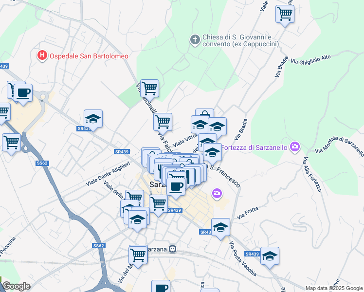 map of restaurants, bars, coffee shops, grocery stores, and more near 6 Via Falcinello in Sarzana