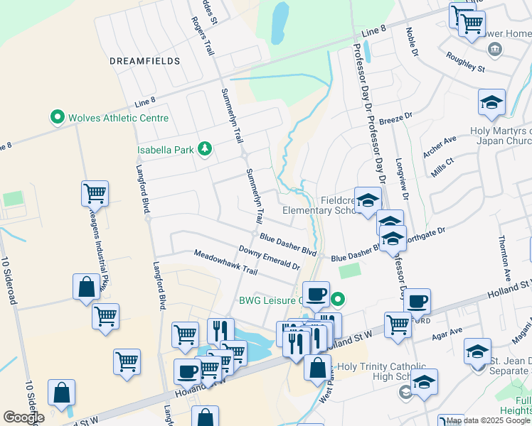 map of restaurants, bars, coffee shops, grocery stores, and more near 233 Summerlyn Trail in Bradford West Gwillimbury
