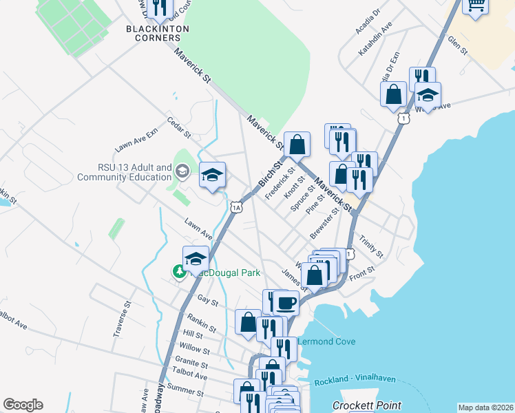 map of restaurants, bars, coffee shops, grocery stores, and more near 103 North Main Street in Rockland