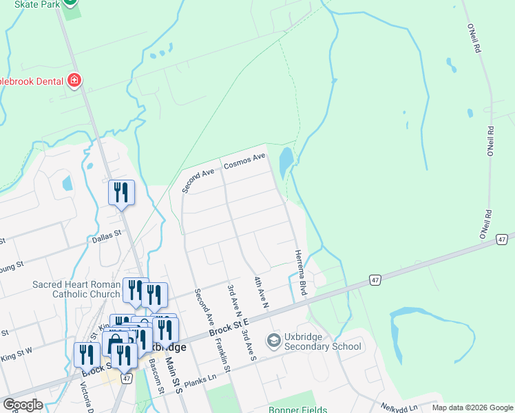 map of restaurants, bars, coffee shops, grocery stores, and more near 57 Rosena Lane in Uxbridge