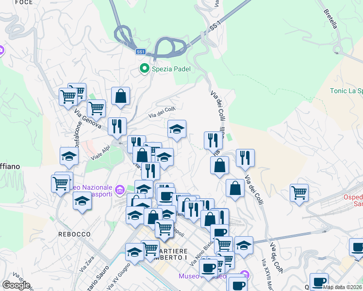 map of restaurants, bars, coffee shops, grocery stores, and more near Via Pietro Mascagni in La Spezia