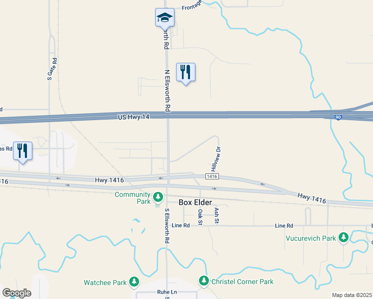 map of restaurants, bars, coffee shops, grocery stores, and more near 312 Hillview Drive in Box Elder