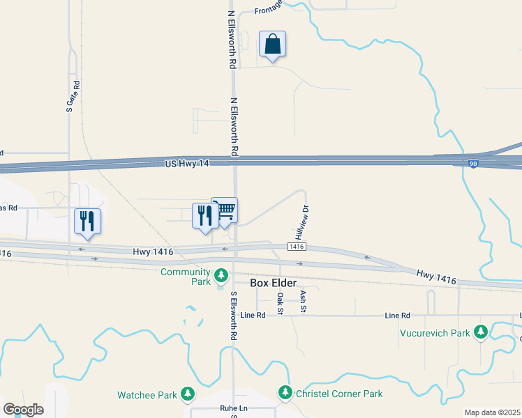 map of restaurants, bars, coffee shops, grocery stores, and more near 312 Hillview Drive in Box Elder