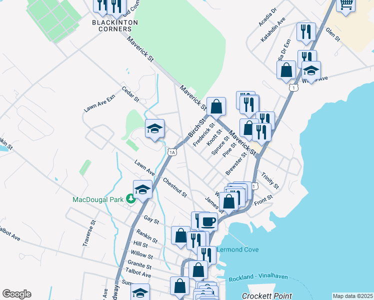 map of restaurants, bars, coffee shops, grocery stores, and more near 117 North Main Street in Rockland