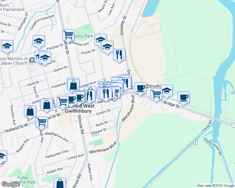 map of restaurants, bars, coffee shops, grocery stores, and more near 157 Holland Street East in Bradford West Gwillimbury