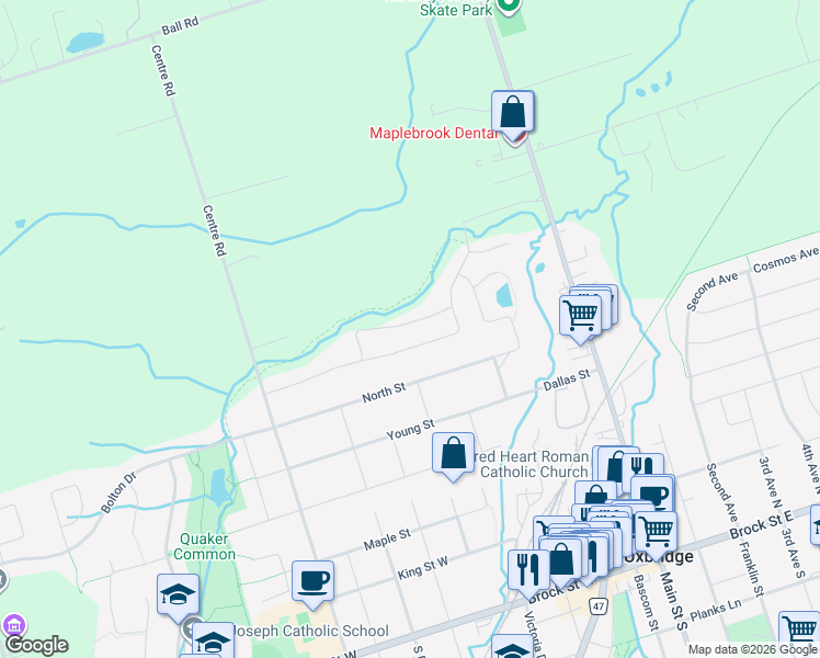 map of restaurants, bars, coffee shops, grocery stores, and more near 46 Apple Tree Crescent in Uxbridge