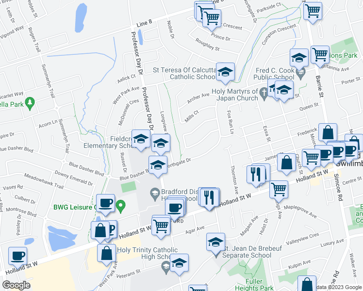map of restaurants, bars, coffee shops, grocery stores, and more near 69 Hudson Crescent in Bradford West Gwillimbury