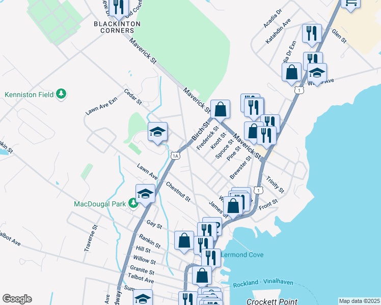 map of restaurants, bars, coffee shops, grocery stores, and more near 29 Birch Street in Rockland