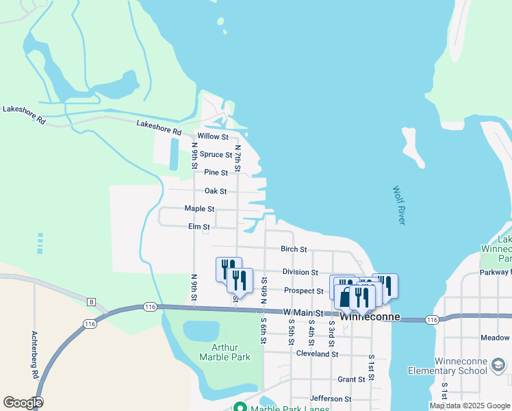 map of restaurants, bars, coffee shops, grocery stores, and more near 603 North 7th Street in Winneconne