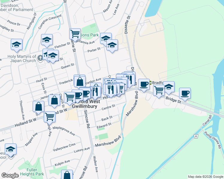 map of restaurants, bars, coffee shops, grocery stores, and more near 20 Colborne Street in Bradford West Gwillimbury