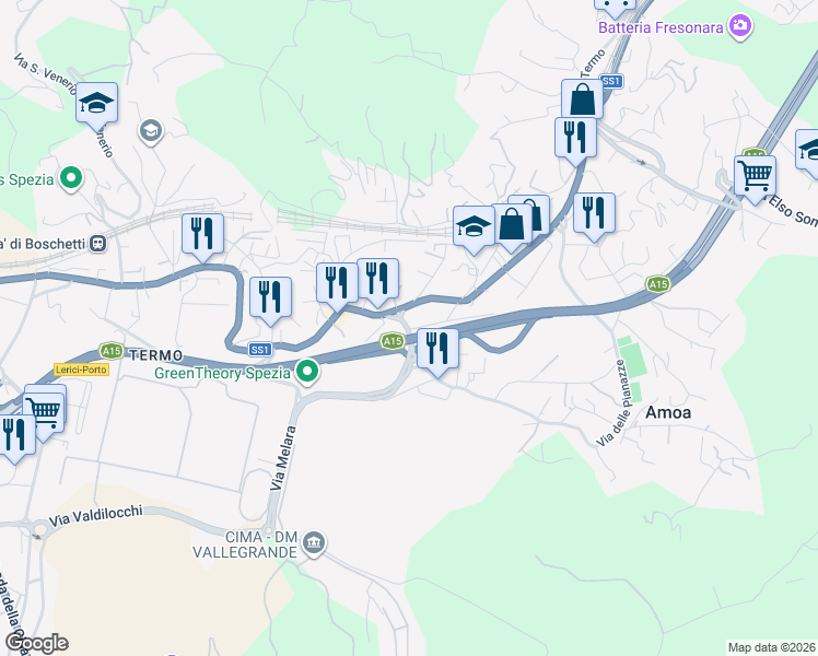 map of restaurants, bars, coffee shops, grocery stores, and more near Via delle Pianazze in La Spezia