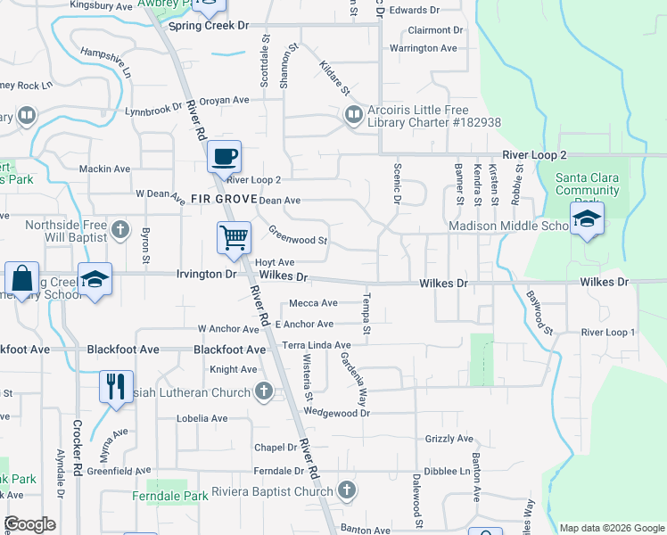map of restaurants, bars, coffee shops, grocery stores, and more near 3606 Greenwood Street in Eugene