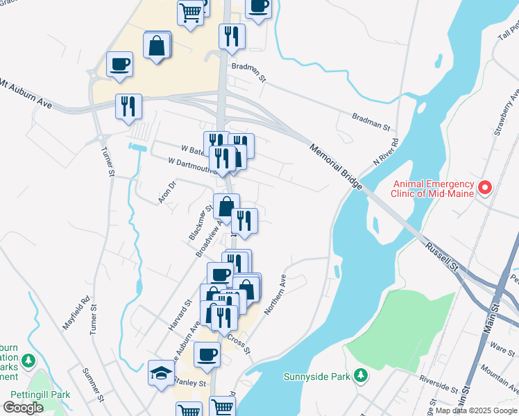 map of restaurants, bars, coffee shops, grocery stores, and more near 47 East Dartmouth Street in Auburn