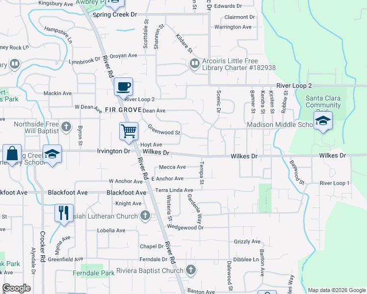 map of restaurants, bars, coffee shops, grocery stores, and more near 3606 Greenwood Street in Eugene