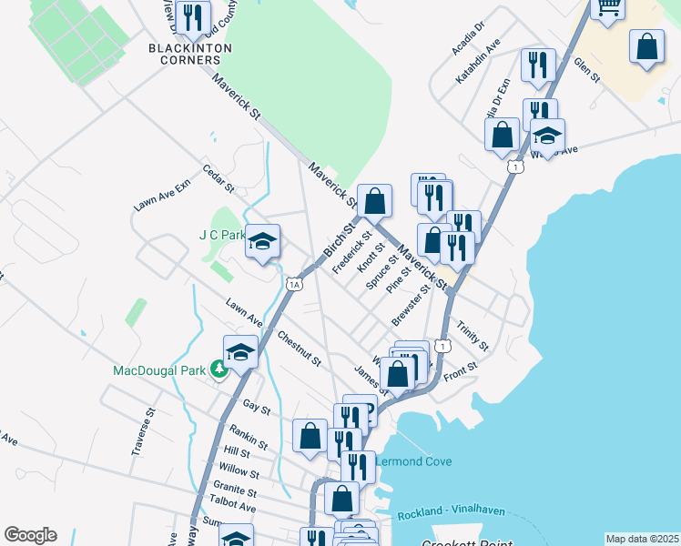 map of restaurants, bars, coffee shops, grocery stores, and more near 17 Frederick Street in Rockland
