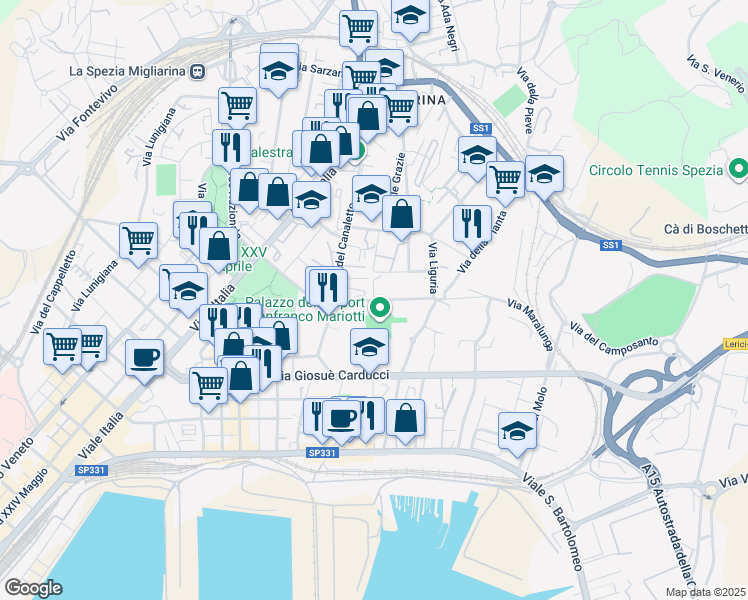 map of restaurants, bars, coffee shops, grocery stores, and more near Via Palmaria in La Spezia