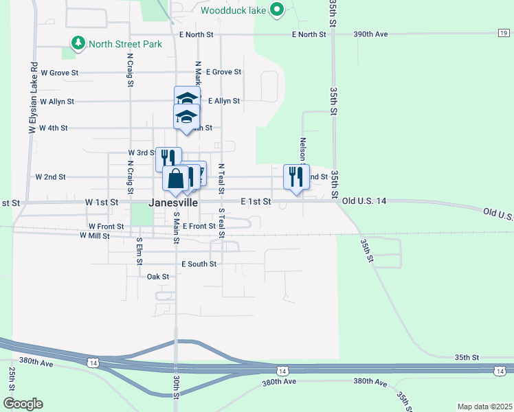 map of restaurants, bars, coffee shops, grocery stores, and more near 403 East 1st Street in Janesville
