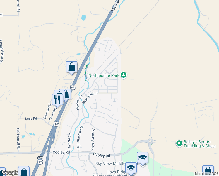 map of restaurants, bars, coffee shops, grocery stores, and more near 20762 Kilbourne Loop in Bend