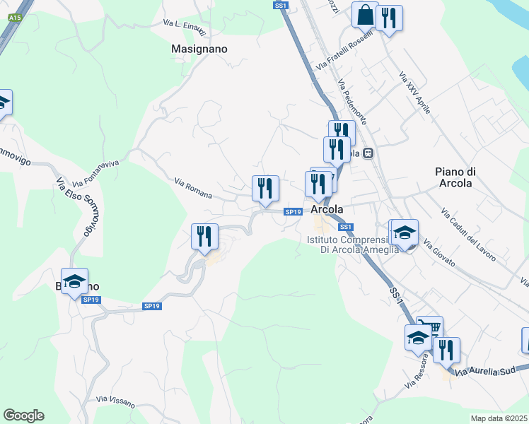 map of restaurants, bars, coffee shops, grocery stores, and more near 210 Via Luigi Valentini in Arcola