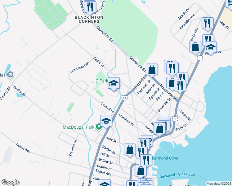 map of restaurants, bars, coffee shops, grocery stores, and more near 400 Broadway in Rockland