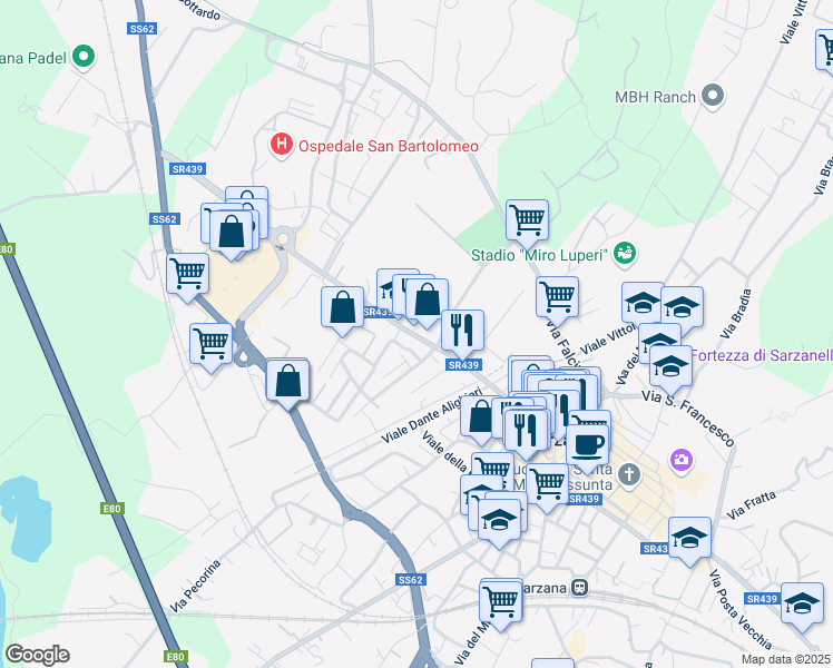 map of restaurants, bars, coffee shops, grocery stores, and more near 66 Via Cisa in Sarzana