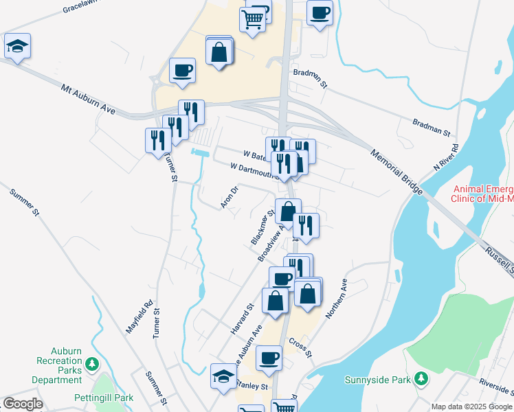 map of restaurants, bars, coffee shops, grocery stores, and more near 29 Andrea Lane in Auburn