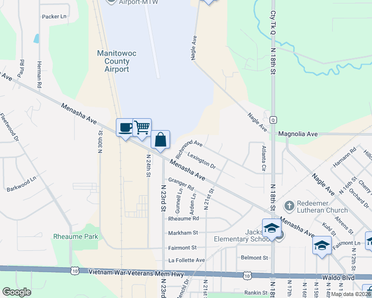 map of restaurants, bars, coffee shops, grocery stores, and more near 2233 Richmond Avenue in Manitowoc
