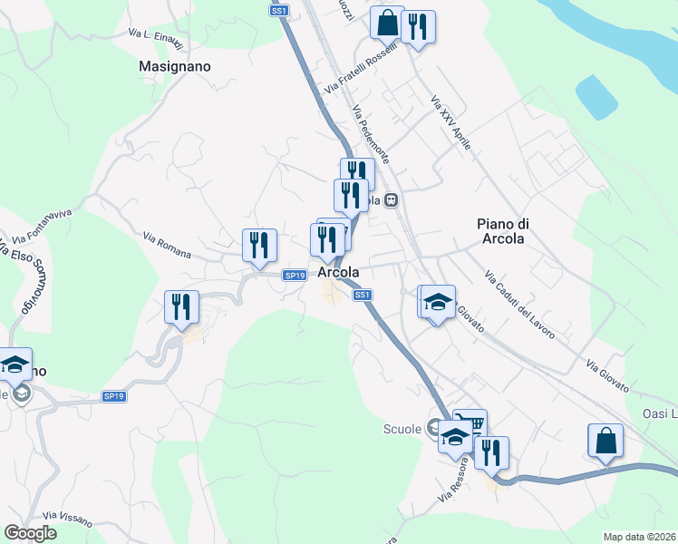 map of restaurants, bars, coffee shops, grocery stores, and more near in Arcola