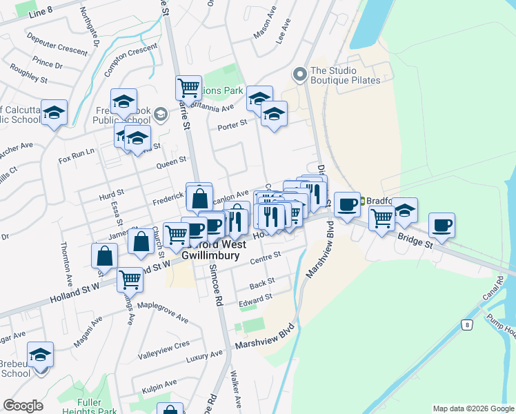 map of restaurants, bars, coffee shops, grocery stores, and more near 93 John Street East in Bradford West Gwillimbury