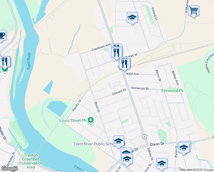 map of restaurants, bars, coffee shops, grocery stores, and more near 30 Charlotte Street in Quinte West