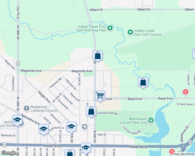 map of restaurants, bars, coffee shops, grocery stores, and more near 1480 North 7th Street in Manitowoc